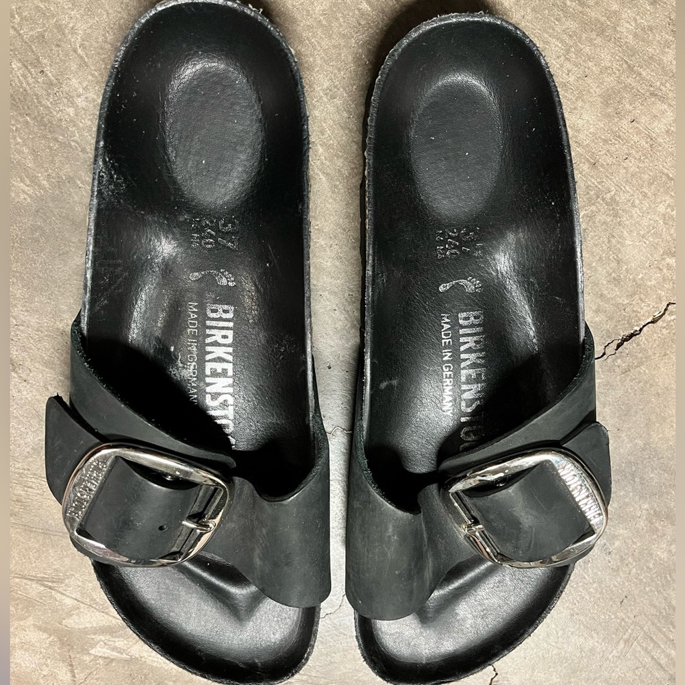 Birkenstock Black oiled leather big buckle sandals